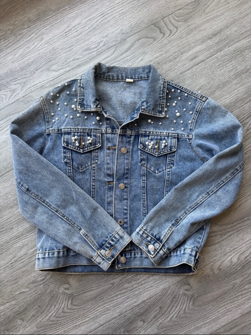 Women's Embroidered Pearl Denim Jean Jacket Coat Size S - Picture 9 of 14